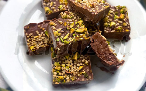Chocolate Fudge with Amaranth Crispies and Pistachios
