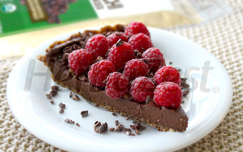 Chocolate Sacha Inchi Pie with Raspberries and Cacao Nibs