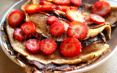 Vegan Maca Crepes with Strawberries and Chocolate Hazelnut Spread