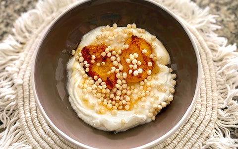 Yogurt Bowl with Quinoa Pop and Pan-Seared Peaches
