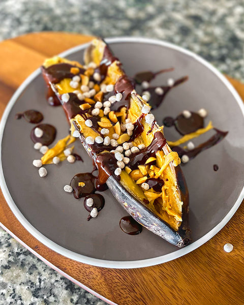 Baked Banana Boats with Kaniwa Pop