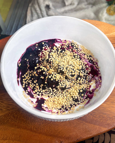 Blueberry Swirl Yogurt with Quinoa Crispies