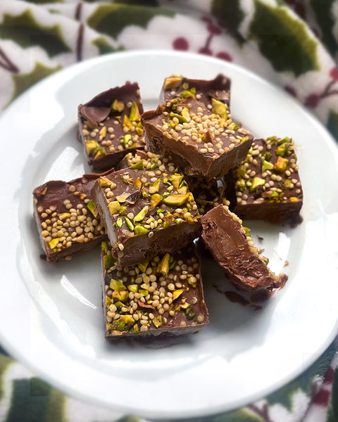 Chocolate Fudge with Amaranth Crispies and Pistachios