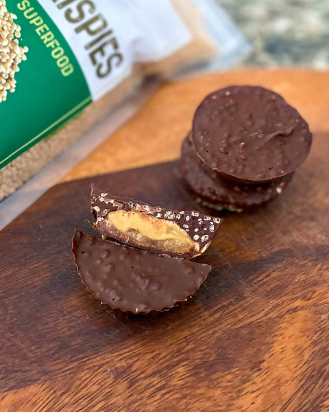 Chocolate Peanut Butter Date Cups with Amaranth Crispies
