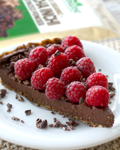 Chocolate Sacha Inchi Pie with Raspberries and Cacao Nibs