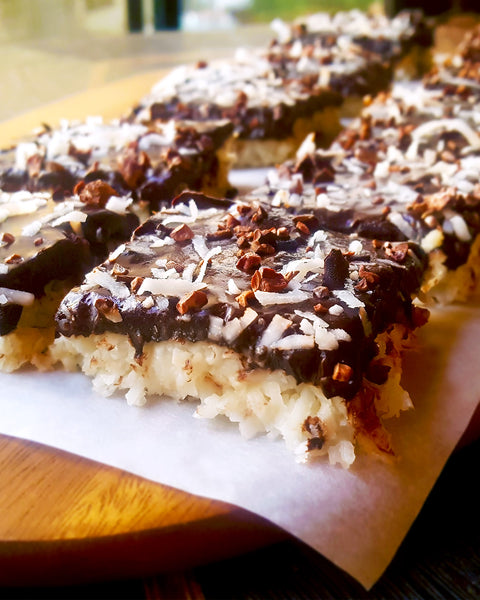 Coconut Bars with Maca Chocolate and Cacao Nibs