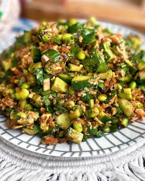 Crispy Rice Cucumber Salad with Sacha Inchi Seeds