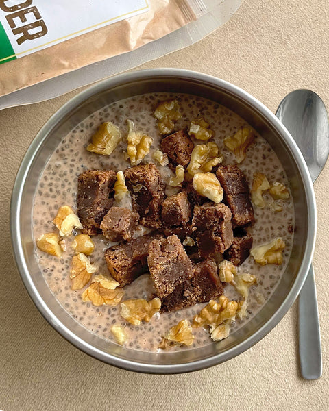 Lucuma Chia Pudding with Brownies & Walnuts