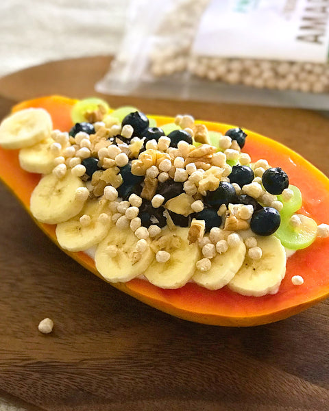 Papaya Boat with Yogurt and Amaranth Pop