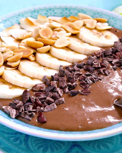 Peanut Butter Banana Smoothie Bowl with Cacao Nibs and Coconut