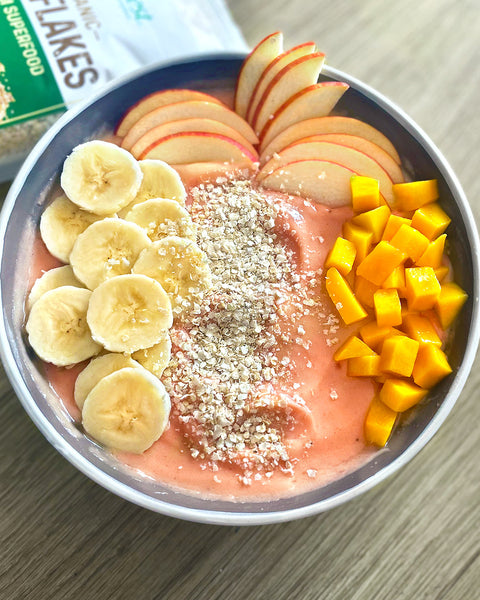 Strawberry Mango Banana Smoothie Bowl with Quinoa Flakes