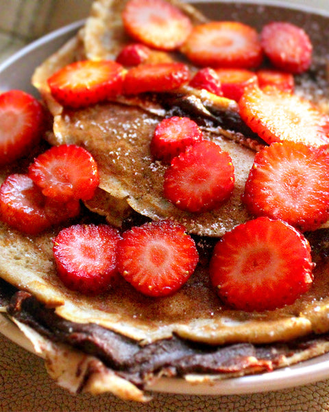 Vegan Maca Crepes with Strawberries and Chocolate Hazelnut Spread