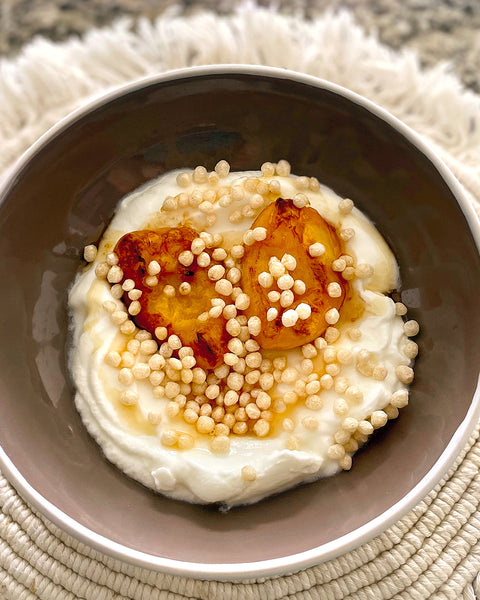 Yogurt Bowl with Quinoa Pop and Pan-Seared Peaches